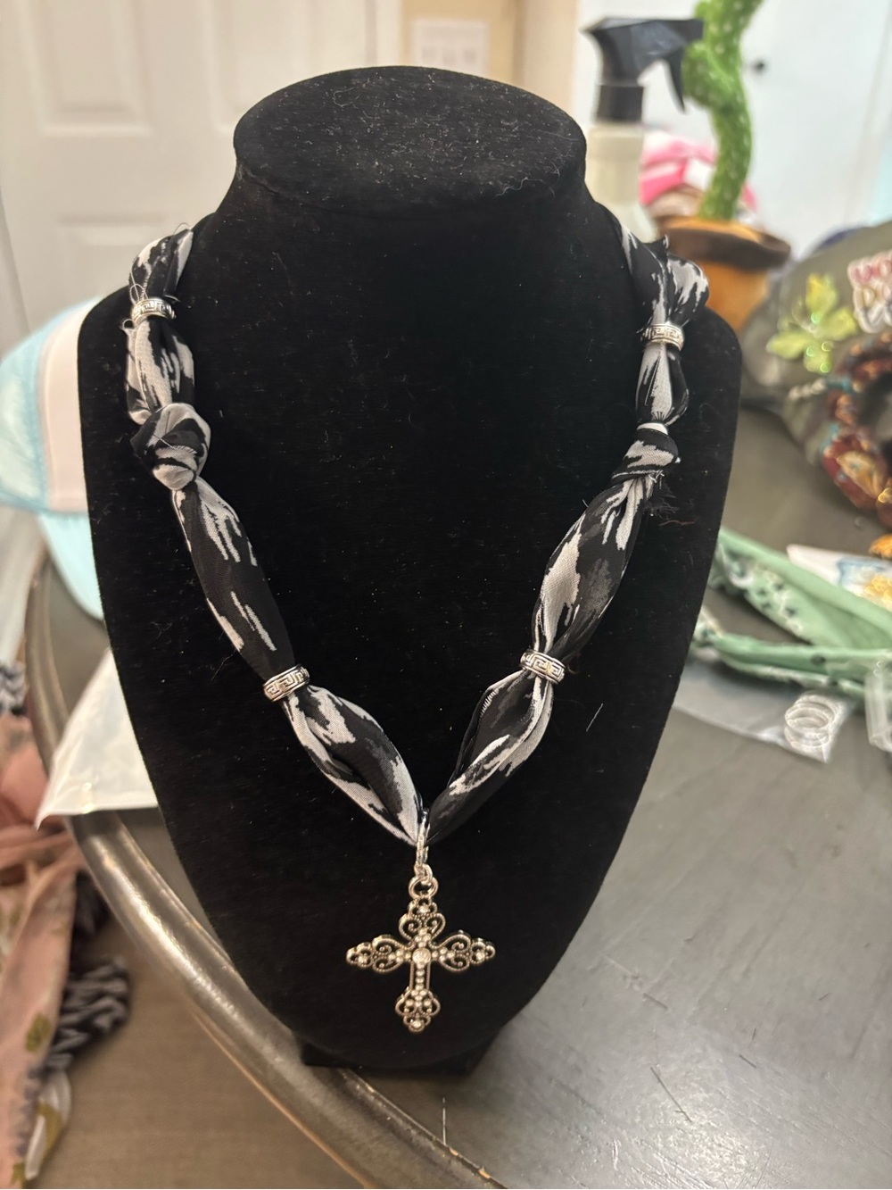 Black & White Scarf Necklace with Ornate Silver Cross Pendant